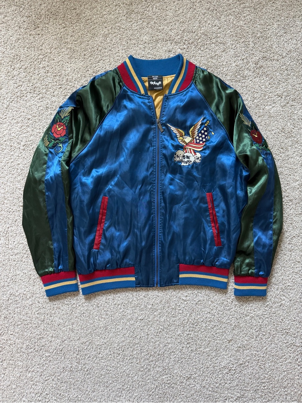 Entree NYC Satin Bomber Jacket Eagle Roses Embroidered Size M